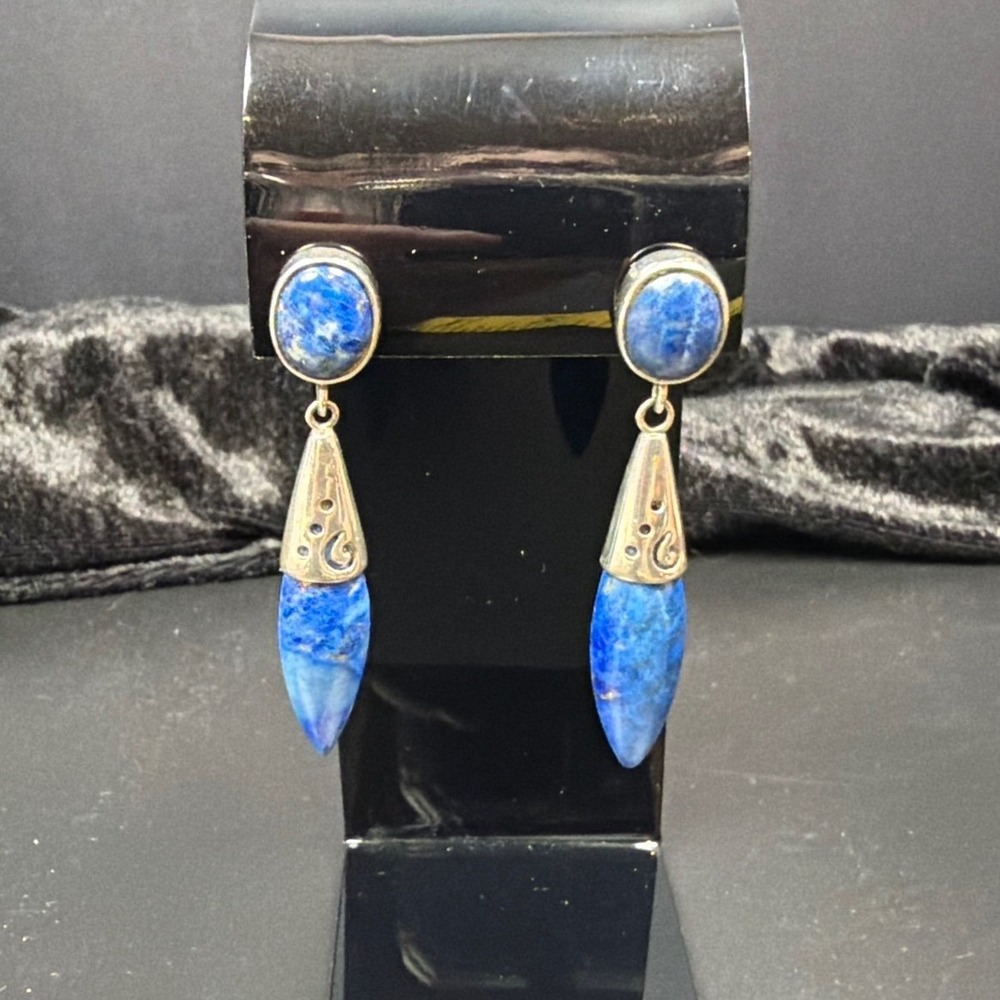 Lapis Lazuli Drop Earrings 925 Sterling Silver Teardrop Shaped Unsigned